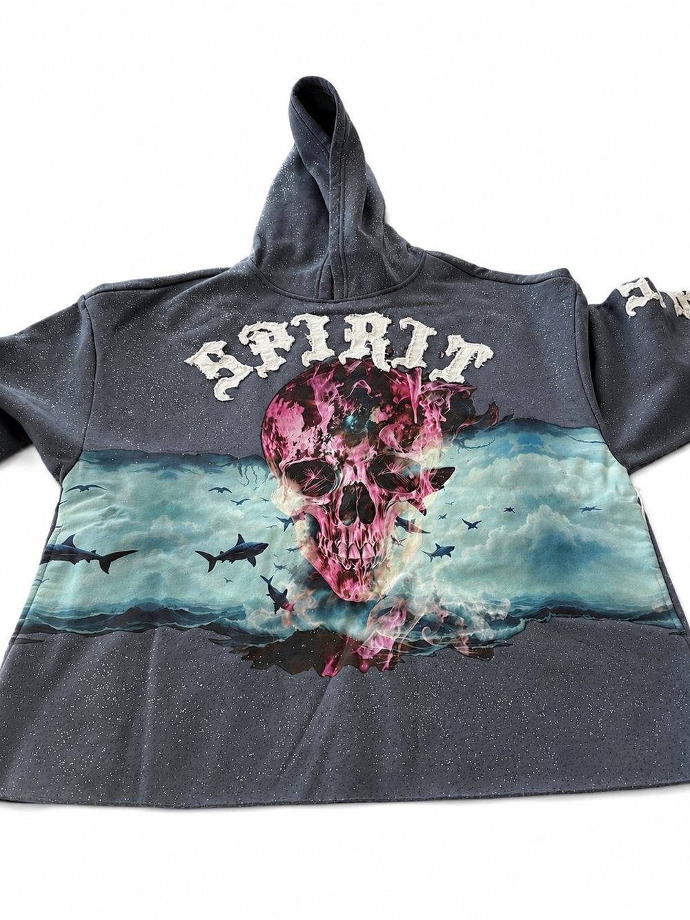 Men’s small Hooded Sweatshirt with Pink Skull & Ocean Graphic - Black